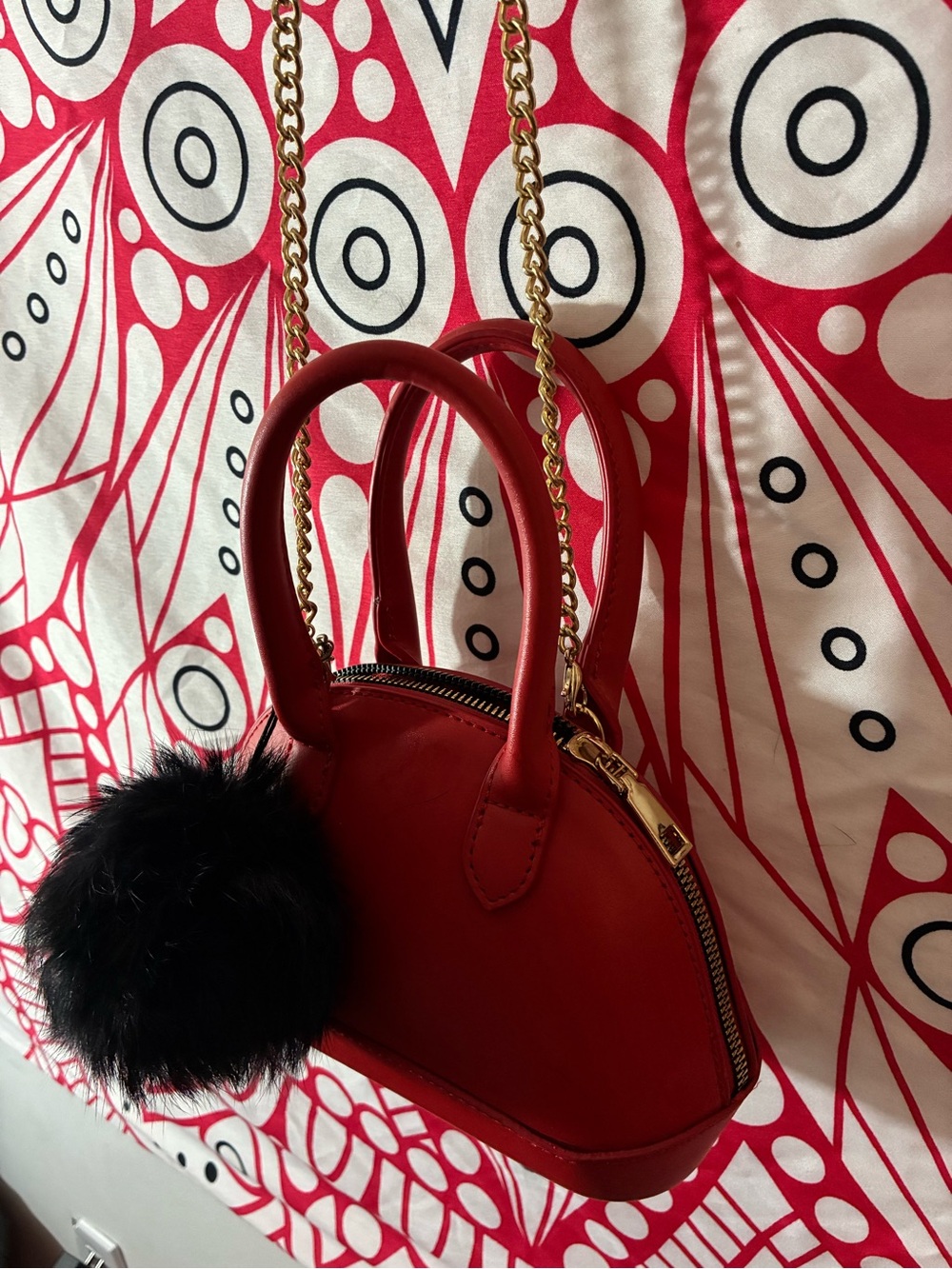 Red Mini Satchel Crossbody with Black Pom Charm